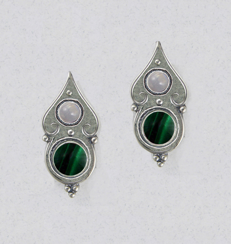 Sterling Silver Gothic Look Post Stud Earrings With Malachite And Rainbow Moonstone